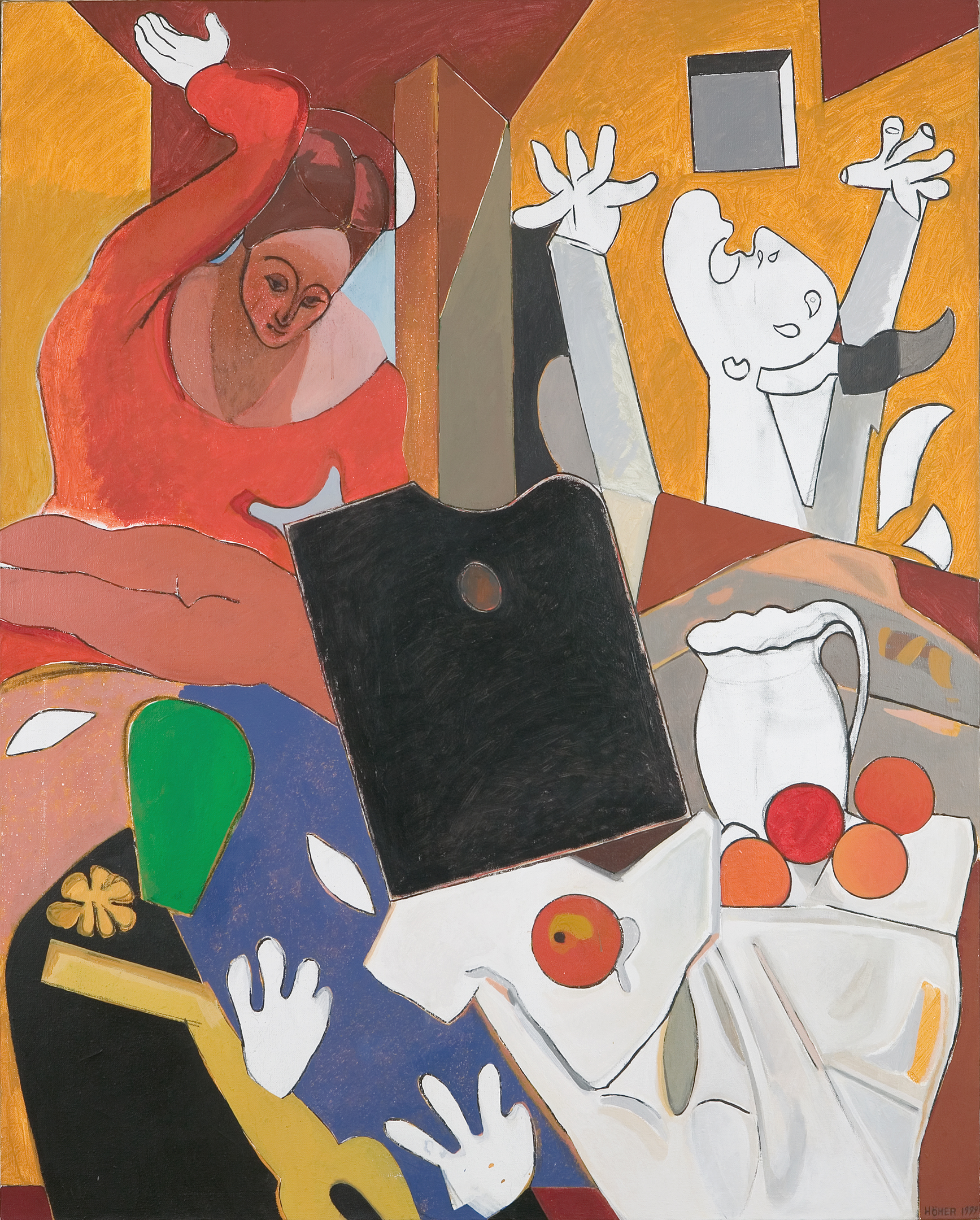  Die Jahrhundertpalette Studie 2, mit Bildausschnitten nach Max Ernst: Die Jungfrau züchtigt das Jesuskind, Pablo Picasso: Guernica, Henri Matisse: Die Trauer des Königs, Paul Cezanne: Stillleben mit Äpfeln, Tempera/Lwd., 150 x 120 cm, 1999/2000