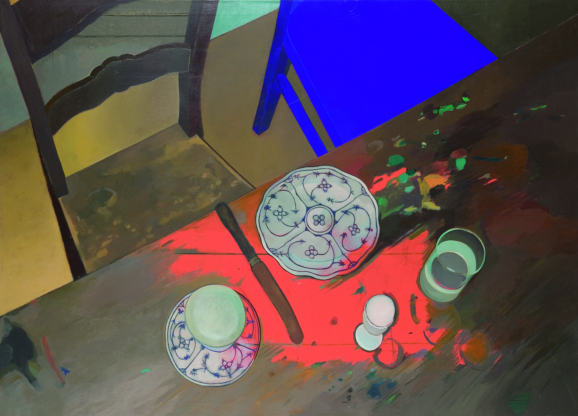 Mit Bernhard Dörries am Tisch, Tempera, Acryl/Lwd., 114 x 160 cm, 2002