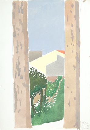 Zwischen Platanen, Gouache/Papier, 36 x 25 cm, 1990