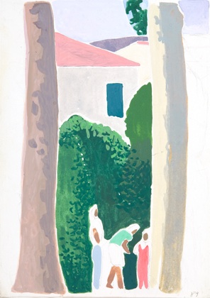 Zwischen Platanen I, (Im Sommer), Gouache/Papier, 36 x 25 cm, 1990
