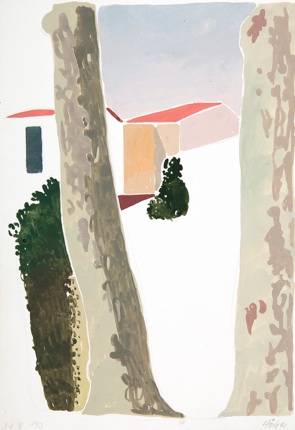 Zwischen Platanen V, (Im Sommer), Gouache/Papier, 36 x 25 cm, 1990