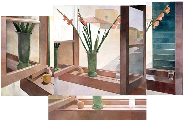 Fenster, Florenz, 
Tempera/Lwd., I 132 x 138 cm, II 90 x 60 cm, III 138 x 55 cm, IV 35 x 140 cm, 1987/88